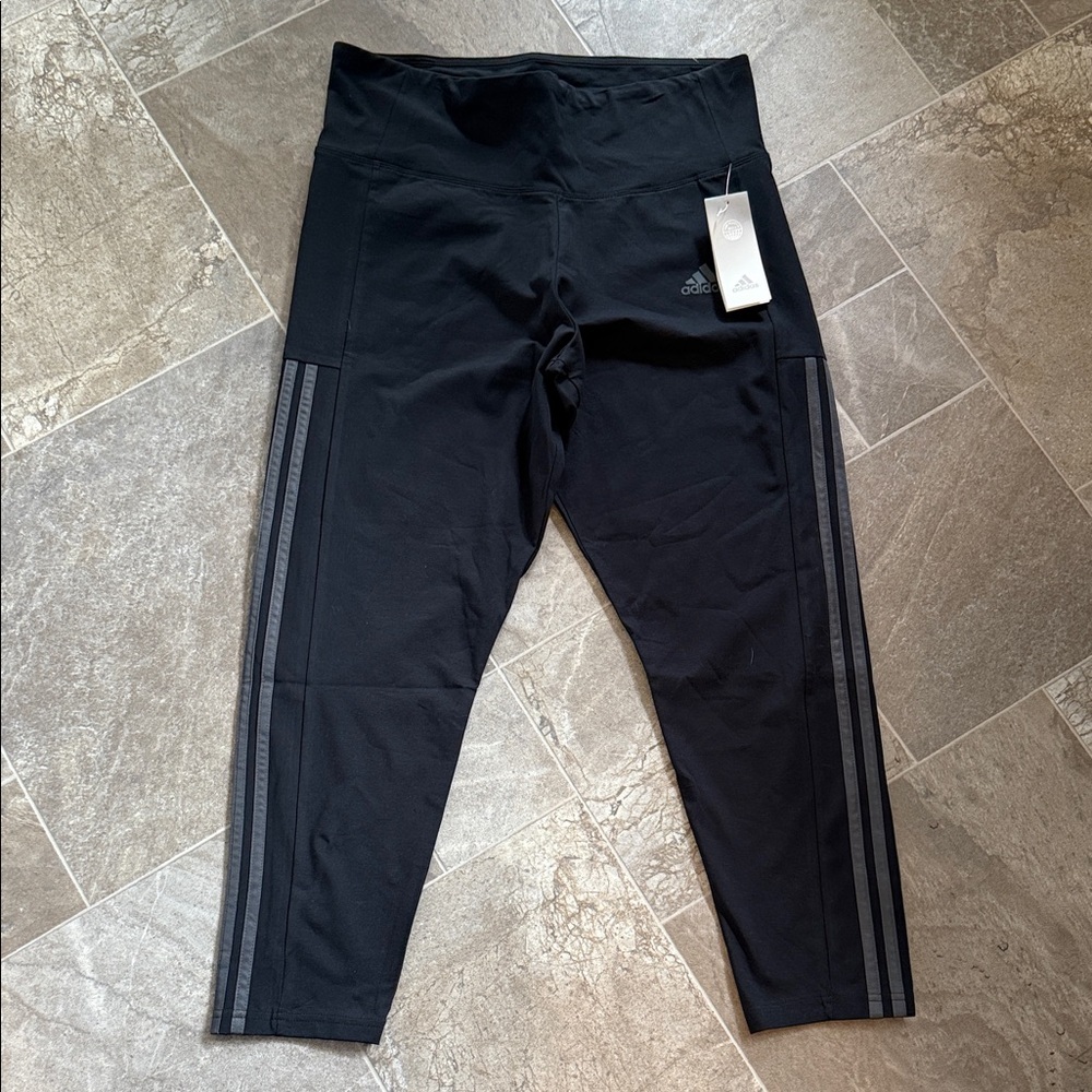 Adidas ladies Black Leggings with charcoal Stripes NWT